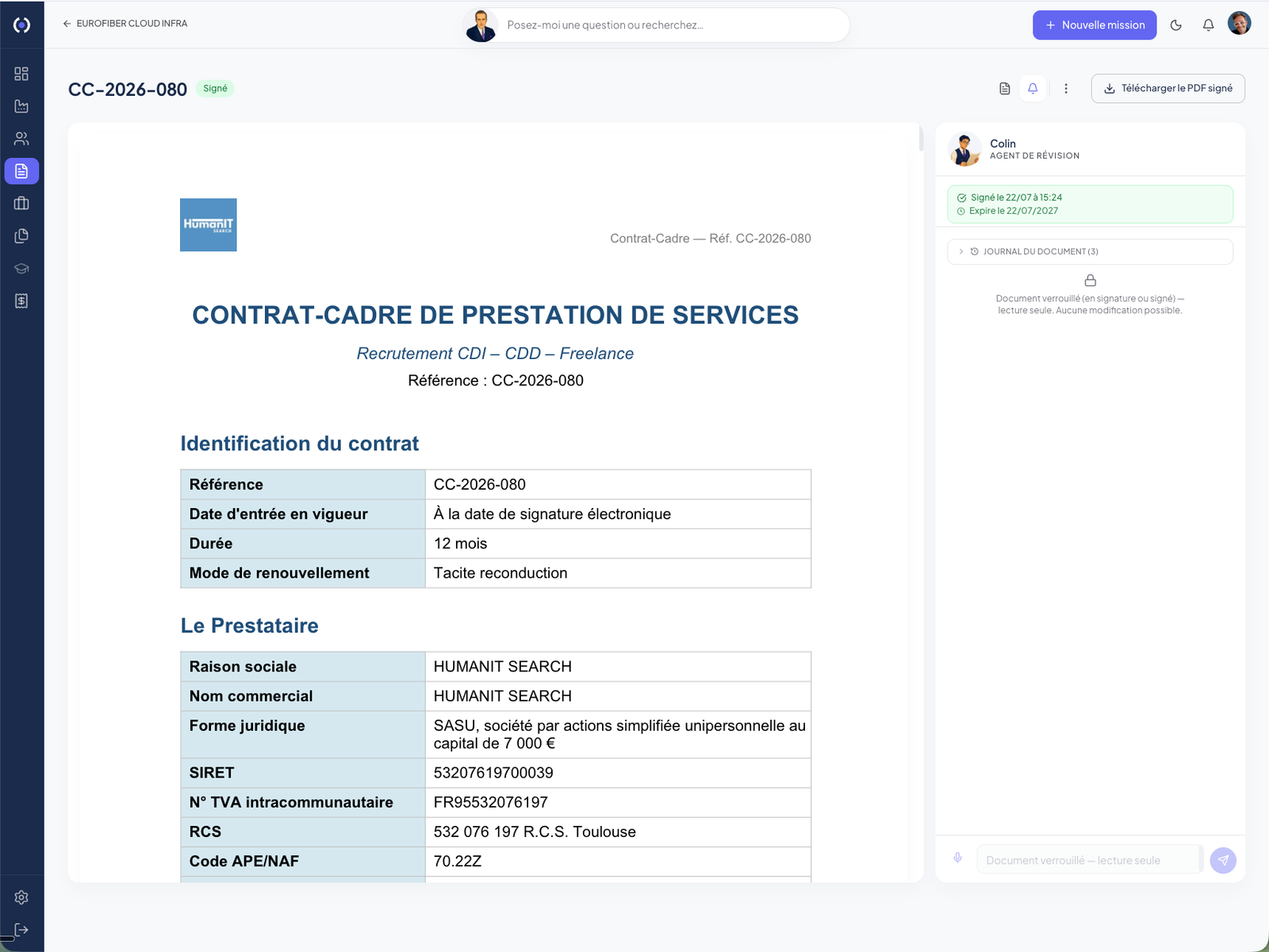 L'application Coloé : contrat signé aux couleurs du cabinet, avec Colin, l'agent de révision, aux côtés du recruteur